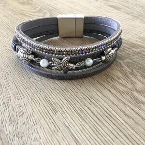 Starfish Turtle Pearl Bangle Bracelet Captures Marine Life in Zinc Alloy in Box